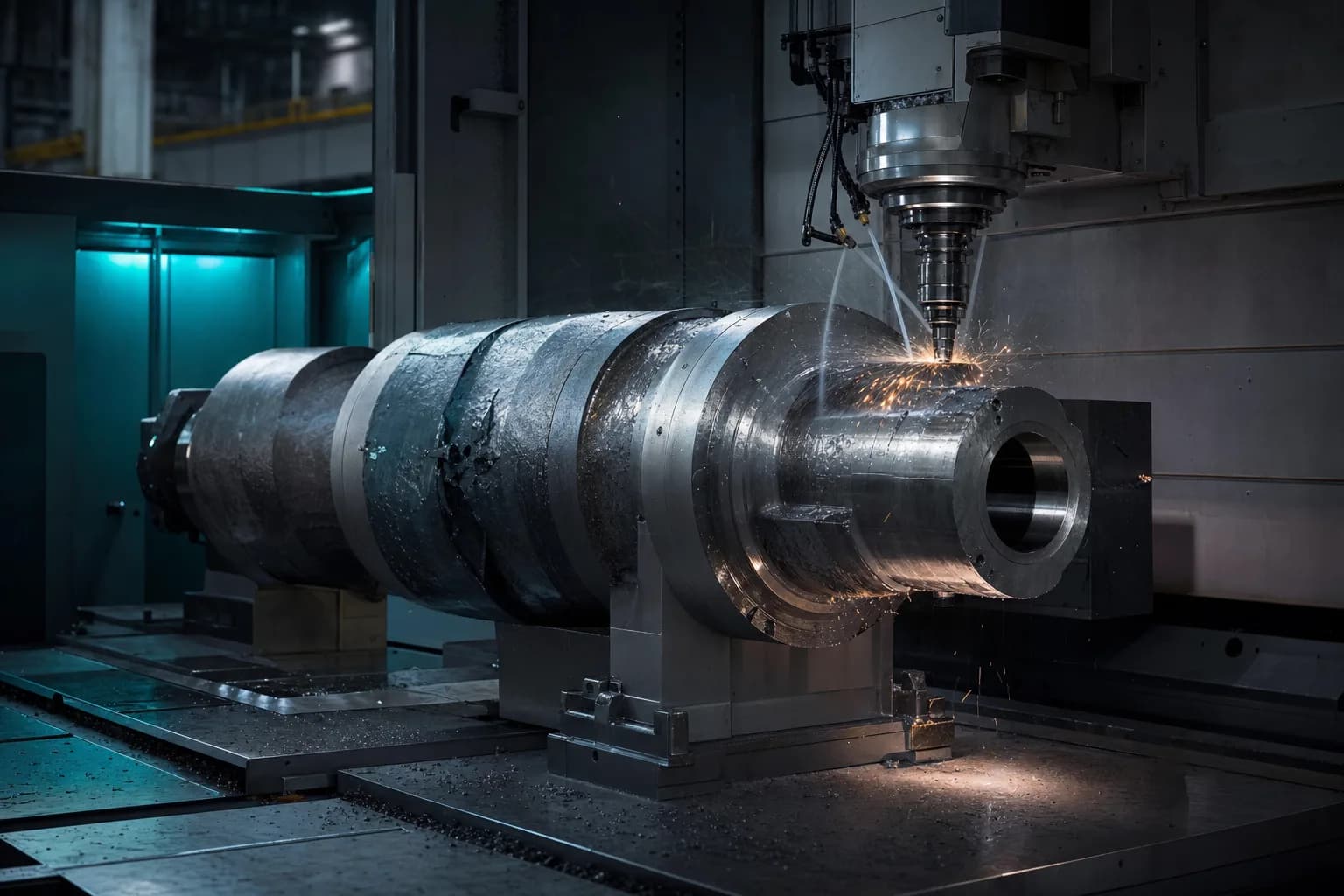 Precision machining of a reactor-grade component in a clean manufacturing bay.